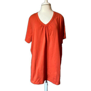 Woman Within Women's Plus 2X Burnt Orange Shirred V Neck Cotton Tunic Top Casual